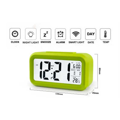 Clock with thermometer and green alarm